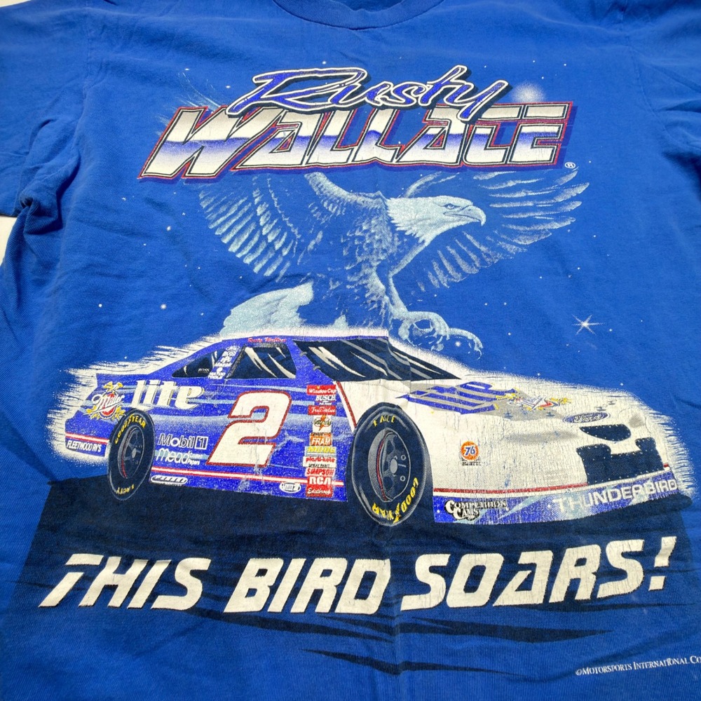 Rusty Wallace #2 Miller Lite NASCAR Double Sided Vintage Racing T Shirt XL Blue